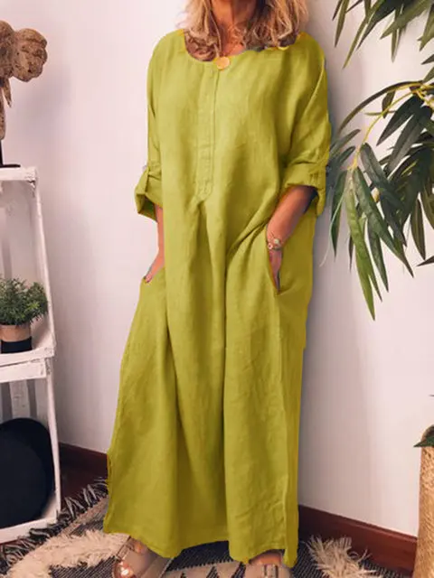European And American Women's New Fashion Cotton And Linen Solid Color Loose Dress Urban Casual Round Neck 2021
European And American Women's New Fashion Cotton And Linen Solid Color Loose Dress Urban Casual Round Neck 2021
