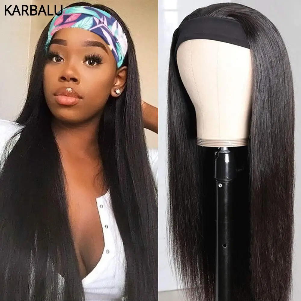 

Karbalu головная повязка прямые человеческие волосы парики бриллианская стандартная натуральная полная машинная работа парик Remy волосы без клея для черных женщин