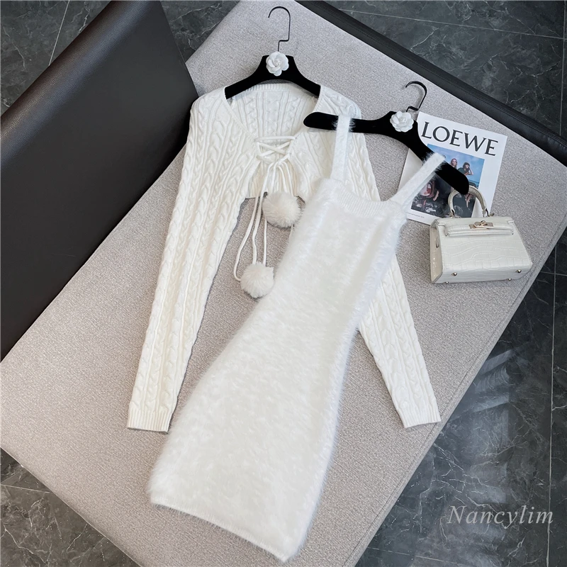 Dress Sets Women 2021 Winter New Sweet Lace-up Fur Ball Cardigan + Sexy Sling Bodycon Stretch Knitted Dress Two Piece Suits
Dress Sets Women 2021 Winter New Sweet Lace-up Fur Ball Cardigan + Sexy Sling Bodycon Stretch Knitted Dress Two Piece Suits