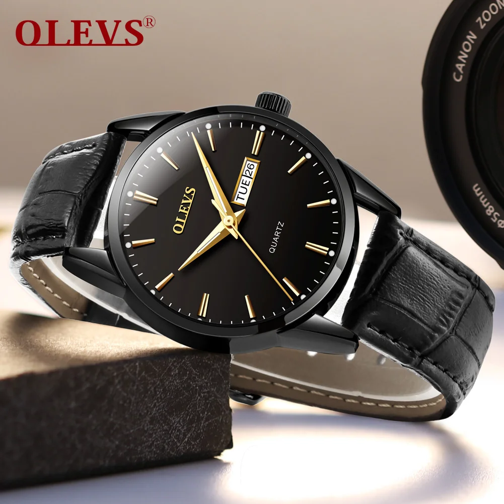 Мужские часы OLEVS с натуральной кожей модные повседневные кварцевые для Fngeen