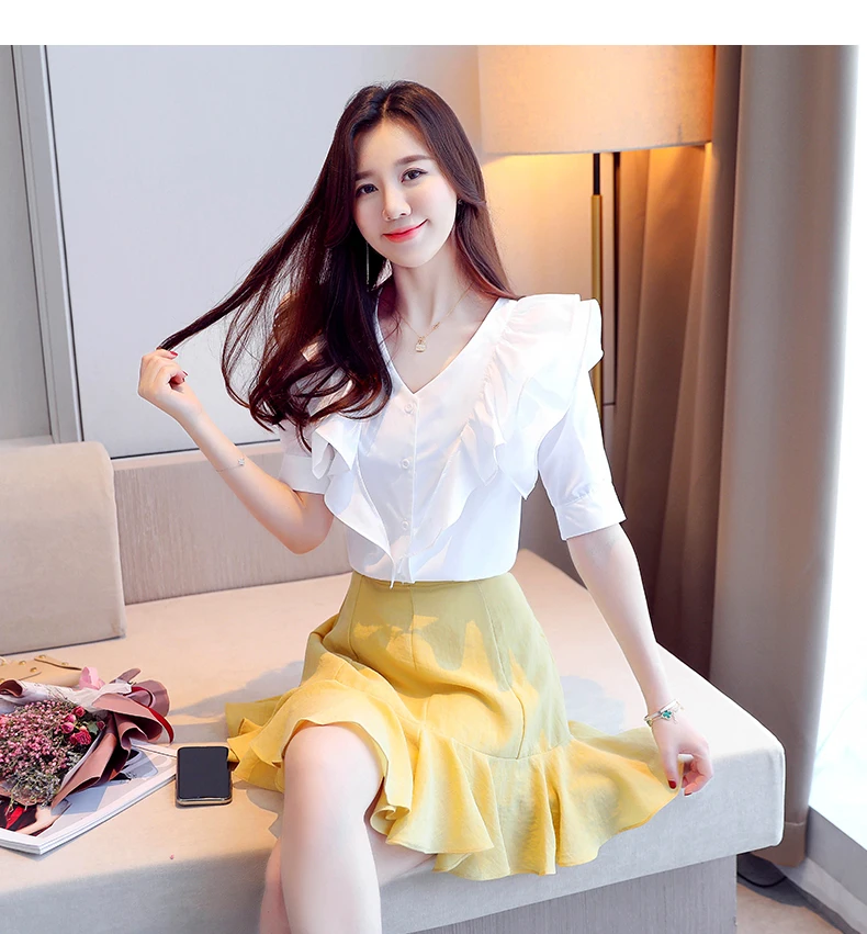 Houthion Chiffon Slim Women's Blouses Short Sleeve Top Fashion Solid Ruffles V-neck Shirt Summer New Casual Blouse
Houthion Chiffon Slim Women's Blouses Short Sleeve Top Fashion Solid Ruffles V-neck Shirt Summer New Casual Blouse