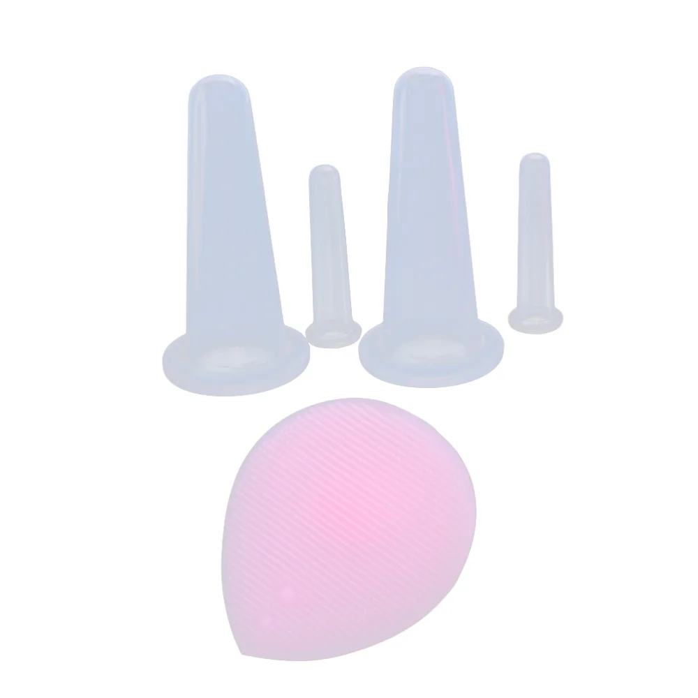 5pcs Facial Cupping Kit Silicone Cupping Jar Vacuum Cans with Mini Cleaning Brush (Blue)