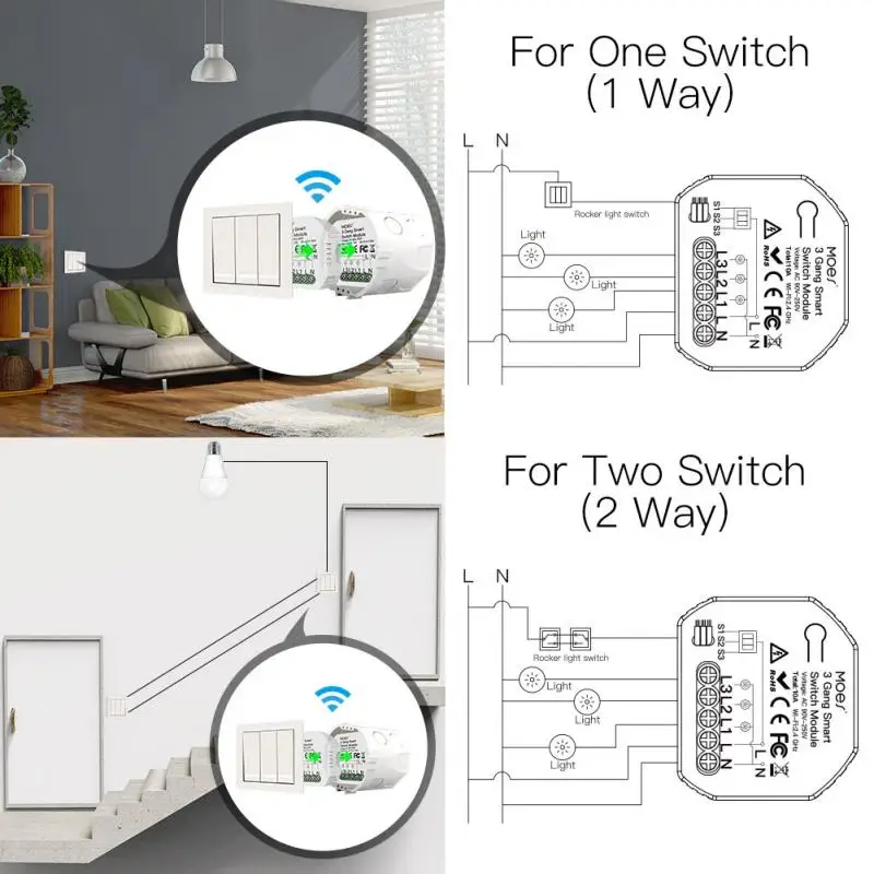 WiFi Smart Light Switch Module 3 Gang 1/2 Way Mini DIY Switch Module Tuya/Smart Life App Control Works with Alexa Google Home
WiFi Smart Light Switch Module 3 Gang 1/2 Way Mini DIY Switch Module Tuya/Smart Life App Control Works with Alexa Google Home