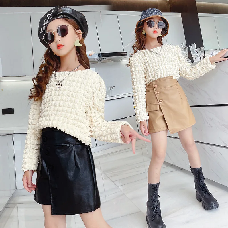 Children's Costumes Long Sleeve Bubble Tops PU Leather Skirt Two Sets for Girls Autumn Fashion Teens School Kids Clothing 13 14Y
Children's Costumes Long Sleeve Bubble Tops PU Leather Skirt Two Sets for Girls Autumn Fashion Teens School Kids Clothing 13 14Y