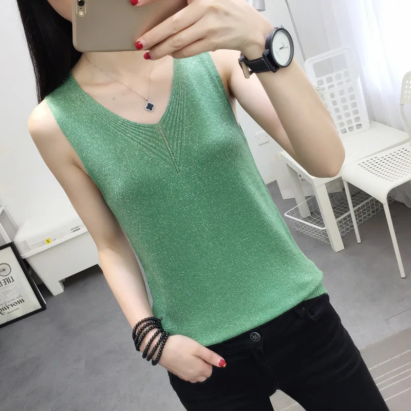 2021 Knitted Tank Tops Female Lurex Sexy V Neck T-shirt Vest Women Sleeveless Elastic Sweater Solid Casual Femme Summer Camis
2021 Knitted Tank Tops Female Lurex Sexy V Neck T-shirt Vest Women Sleeveless Elastic Sweater Solid Casual Femme Summer Camis