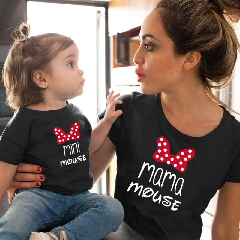 MAMA and mini Family Matching clothes Cotton kawaii bow tshirt mommy me Tops baby kids girl matching outfits | Мать и ребенок