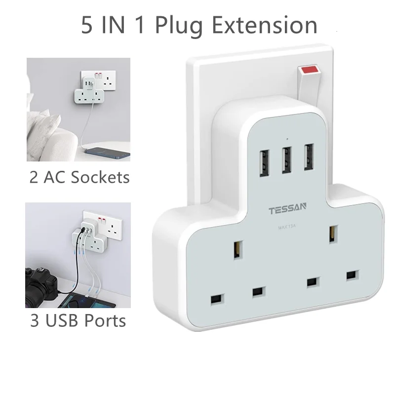 TESSAN 2 Way UK Plugs Extension Sockets Wall Charger Adapter With 3 USB Ports for Saudi Arabia United Arab Emirates Singapore 
TESSAN 2 Way UK Plugs Extension Sockets Wall Charger Adapter With 3 USB Ports for Saudi Arabia United Arab Emirates Singapore