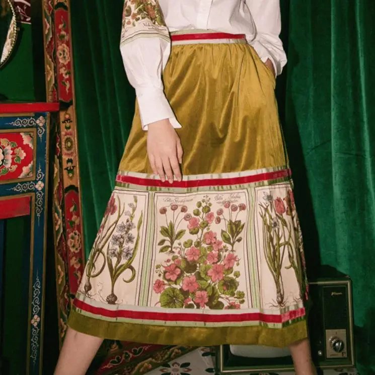 Velvet Printed Skirts Womens High Waist Long Green Midi Skirt A Line Designer Skirt Floral Print High Street Skirt
Velvet Printed Skirts Womens High Waist Long Green Midi Skirt A Line Designer Skirt Floral Print High Street Skirt