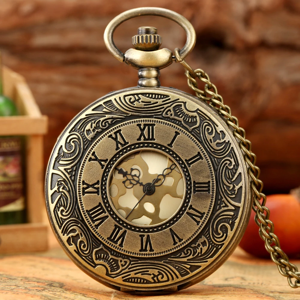 

Retro Bronze Roman Numerals Quartz Pocket Watch Hollow Case Steampunk Gold Arabic Numbers Pendant Clock Necklace Chain Best Gift
