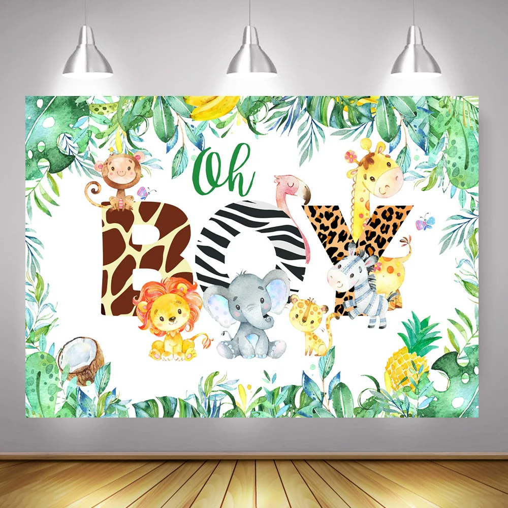 

Oh Boy Safari Party Decor Background Newborn Animals Baby Shower Photography Backdrop Jungle Forest Leaves Coconut Photocall