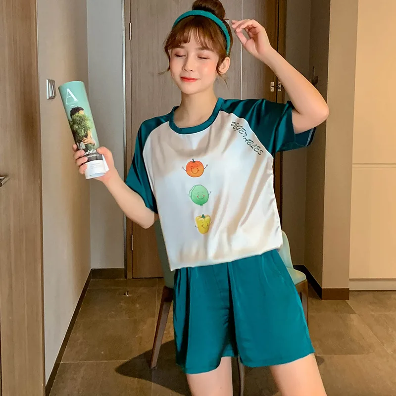 Green 2PCS Lady Pajamas Suit Summer Cute Cartoon Letter Print Pyjama Loose O-Neck Top&Shorts Nightwear Lounge Ice Silk Sleepwear
Green 2PCS Lady Pajamas Suit Summer Cute Cartoon Letter Print Pyjama Loose O-Neck Top&Shorts Nightwear Lounge Ice Silk Sleepwear