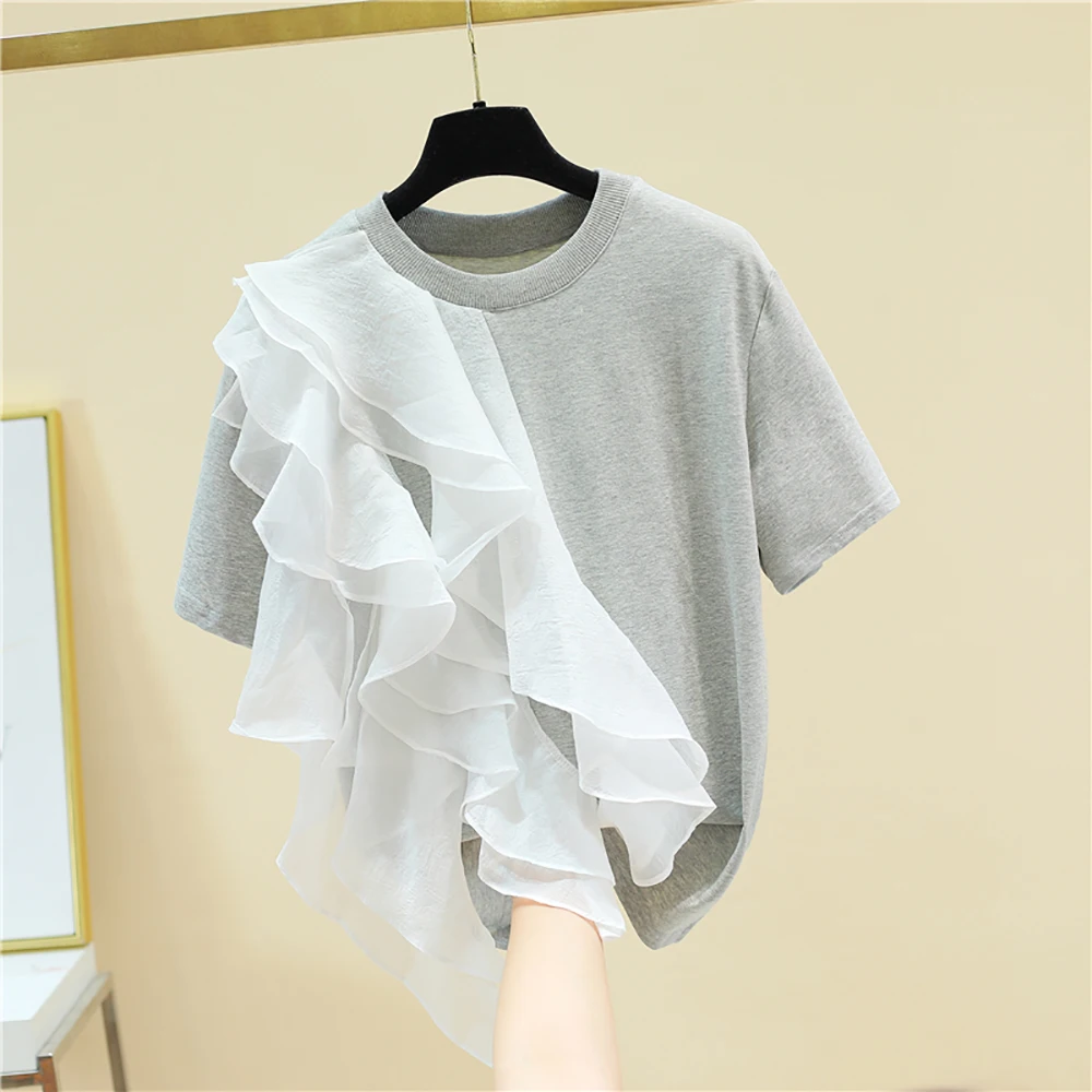 Patchwork Appliques Ruffles Cotton Short Sleeve T Shirt Woman Fashion Loose Baggy S-XL Black Grey Tops Summer Clothes For Women
Patchwork Appliques Ruffles Cotton Short Sleeve T Shirt Woman Fashion Loose Baggy S-XL Black Grey Tops Summer Clothes For Women
