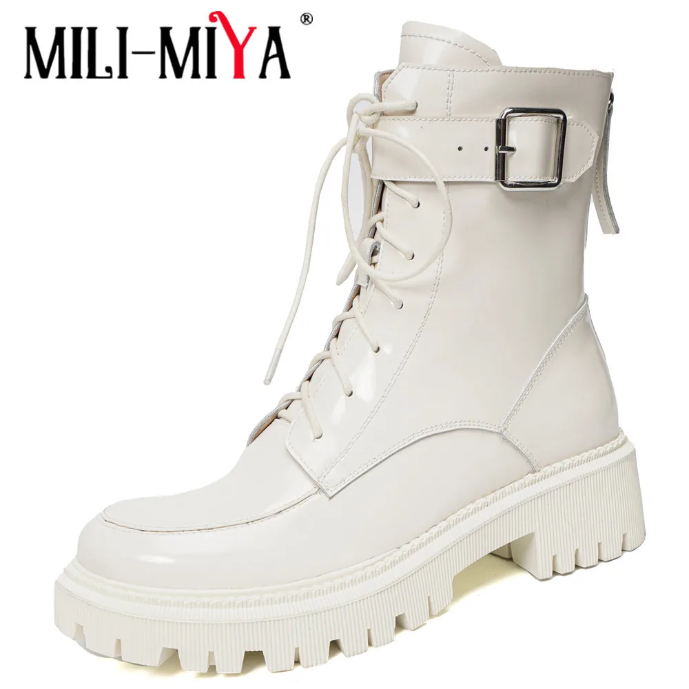 Женские ботильоны из лакированной кожи MILI-MIYA, модные теплые ботинки из натуральной шерсти на шнуровке, повседневная обувь на низком каблуке... 
Женские ботильоны из лакированной кожи MILI-MIYA, модные теплые ботинки из натуральной шерсти на шнуровке, повседневная обувь на низком каблуке...