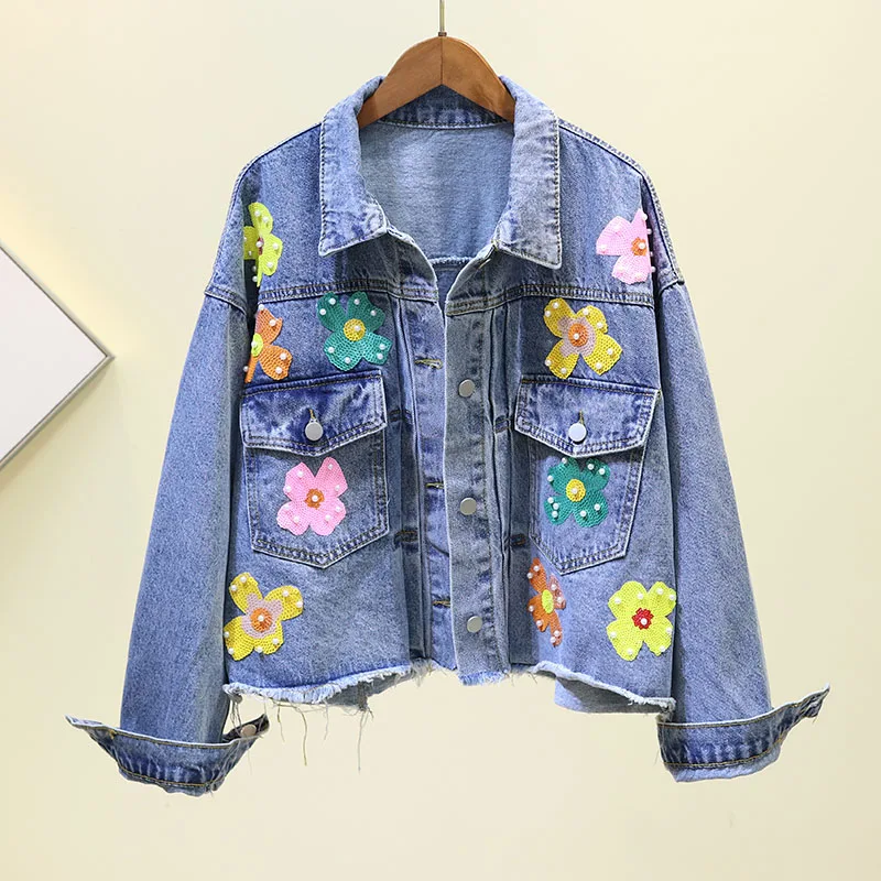 Фото Женская короткая джинсовая куртка свободная с трехмерными цветами жемчужинами и