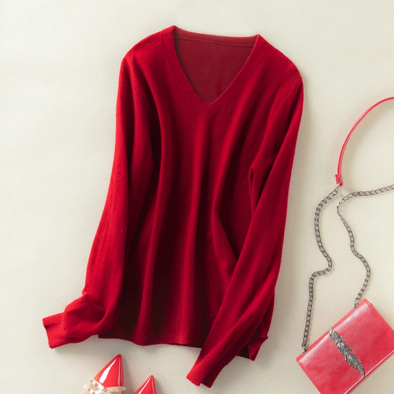 Autumn and winter new ladies V-neck sweater solid color cashmere knit pullover Slim Korean version of all-match ladies sweater
Autumn and winter new ladies V-neck sweater solid color cashmere knit pullover Slim Korean version of all-match ladies sweater