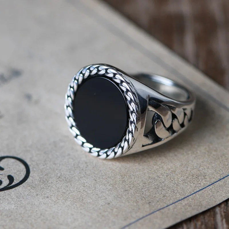 Real S925 Silver Retro Silver Chain Pattern Inlaid Black Agate Silver Ring Ring Men's Adjustable
Real S925 Silver Retro Silver Chain Pattern Inlaid Black Agate Silver Ring Ring Men's Adjustable
