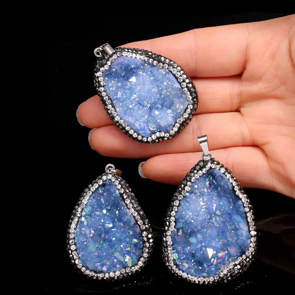 

Natural stone Blue quartz crystal Stone Pendant agates Druzy pendulum charm Necklace pendants jewelry making Reiki Healing Gift
