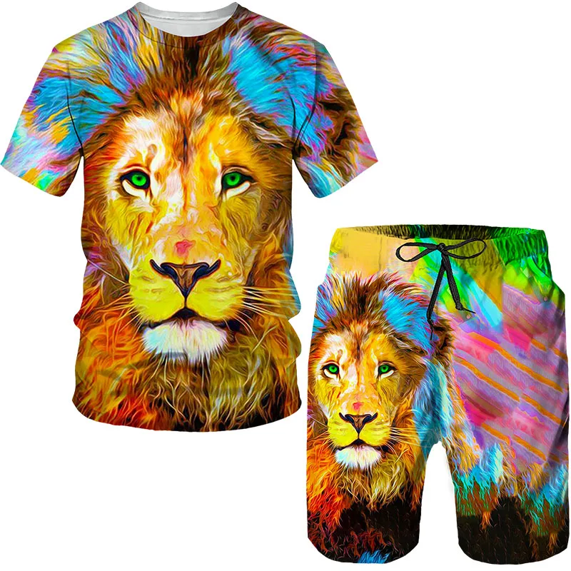 

Seven Colors Golden Lion Summer Men And Women Fashion T-Shirt Shorts 2-Piece Set Sandy Beach Sunscreen Vacation Travel Holidays