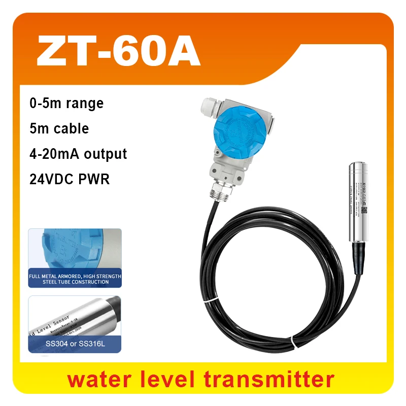 ZT60A High quality 4-20mA output Submersible liquid level transmitter hydrostatic diesel fuel tank level sensor with 5m cable
ZT60A High quality 4-20mA output Submersible liquid level transmitter hydrostatic diesel fuel tank level sensor with 5m cable