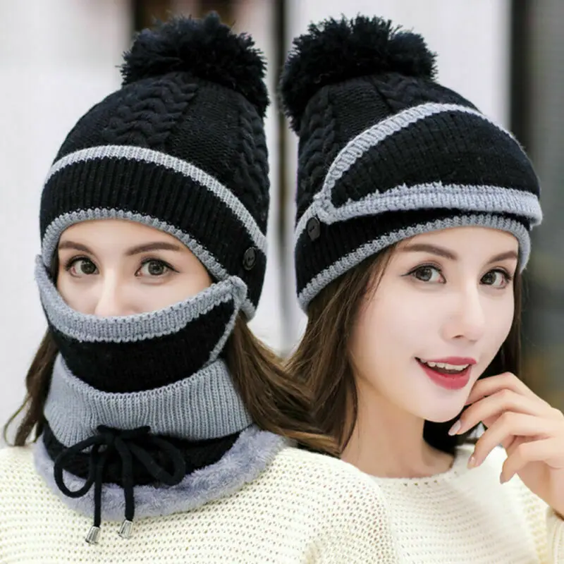 Hot Women Knitted Beanie Scarf Hat Face Mask Set Snood Neck Winter Pompom Cap Thicken CGU 88 | Аксессуары для одежды