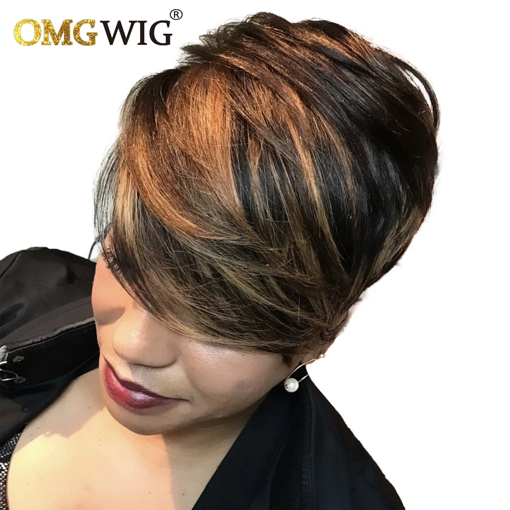 

Highlight Ombre Wavy Bob Short Wigs For Black Women Machine Made Pixie Cut Brazilian Remy Human Hair Wig With Bangs Pre Plucked