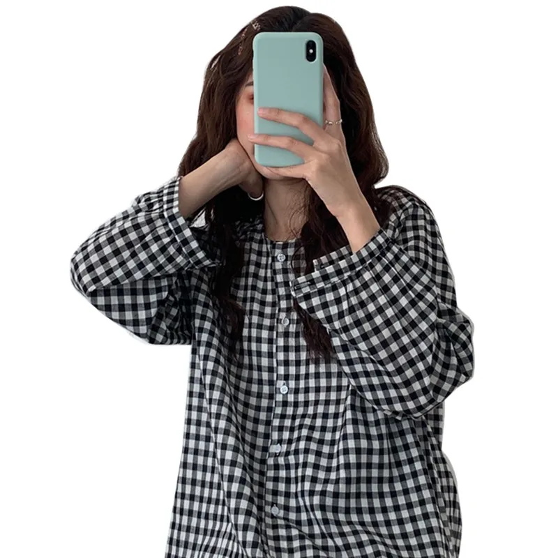 Women's Shirts Tops Fashion New Korean Round Neck Plaid Blouse Lady Loose Sweet Long-sleeved Shirts Casual Tops Clothes Hot
Women's Shirts Tops Fashion New Korean Round Neck Plaid Blouse Lady Loose Sweet Long-sleeved Shirts Casual Tops Clothes Hot