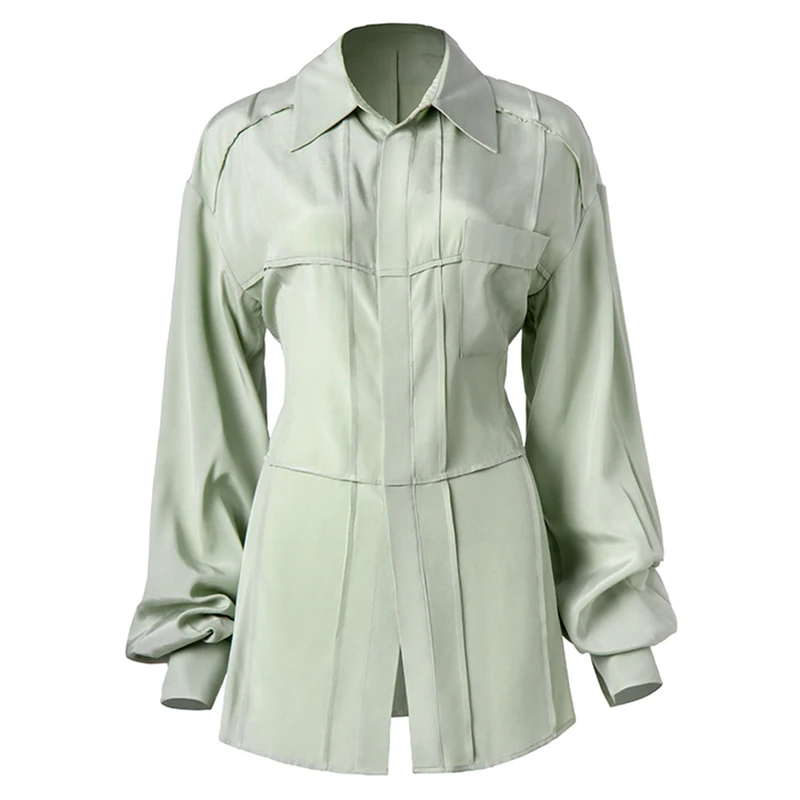 Women Green Shaped Temperament Blouse New Lapel Long Sleeve Loose Fit Shirt Fashion Tide Spring Autumn 2020 V669
Women Green Shaped Temperament Blouse New Lapel Long Sleeve Loose Fit Shirt Fashion Tide Spring Autumn 2020 V669