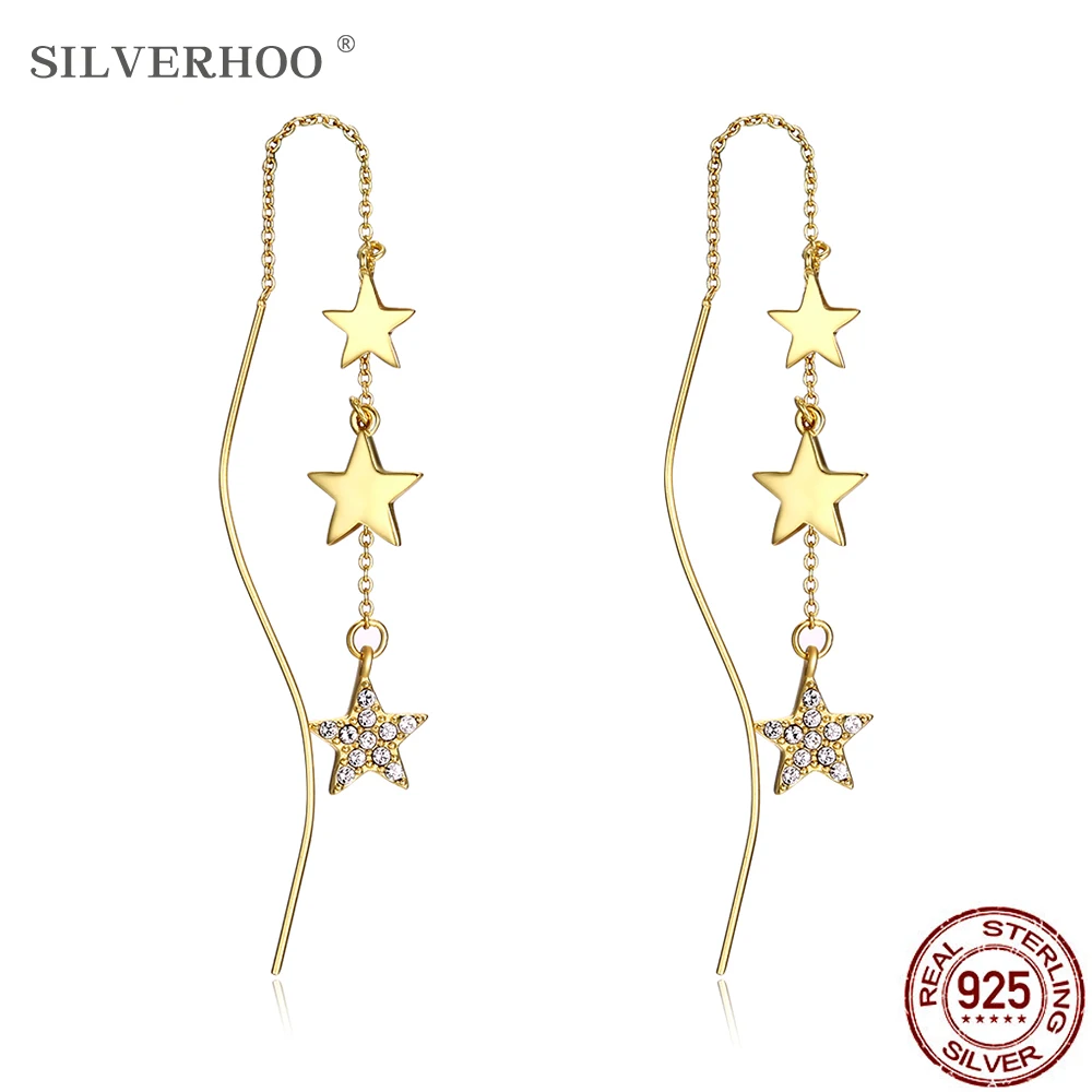 

SILVERHOO S925 Sterling Silver Twinkle Little Gold Star Drop Earrings Romantic Austria Crystal Long Tassel Earrings Pretty Gift