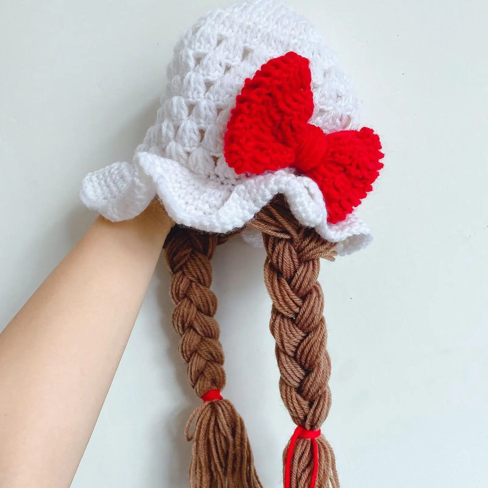 

Baby Girls Braided Wig Woolen Yarn Knitted Hat Sunflower Cherry Cap Photo Prop