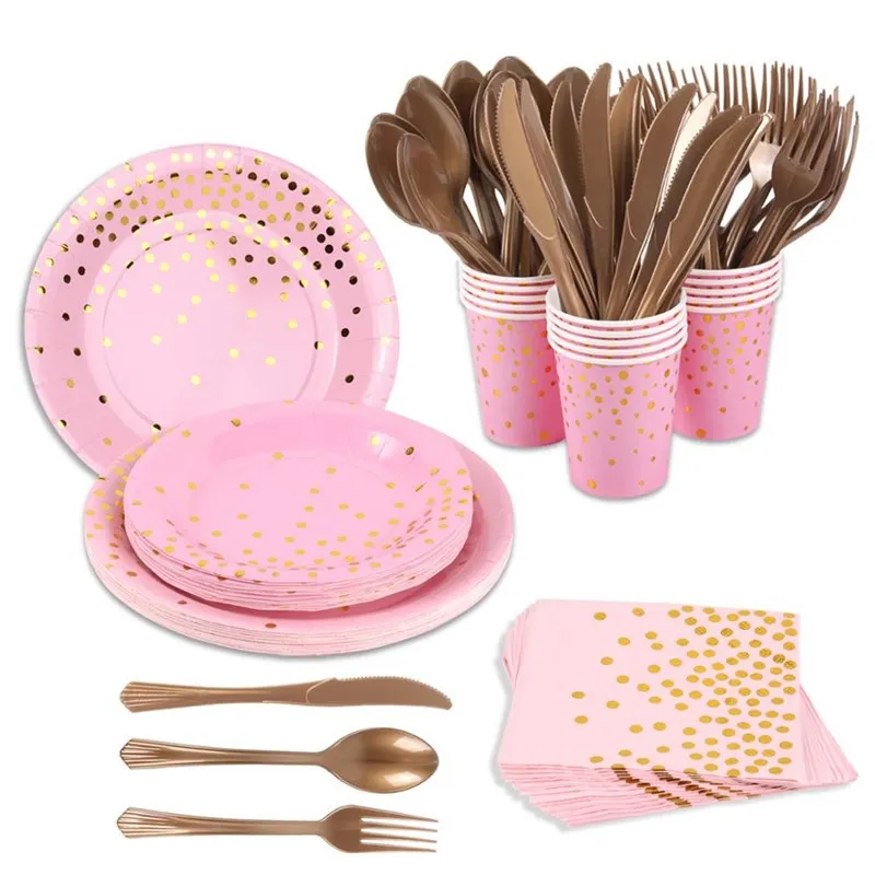 Pink Gold dot Party Disposable Tableware 80pcs paper Plate cup napkin straw spoon fork Knife Wedding babyshower party decoration
Pink Gold dot Party Disposable Tableware 80pcs paper Plate cup napkin straw spoon fork Knife Wedding babyshower party decoration