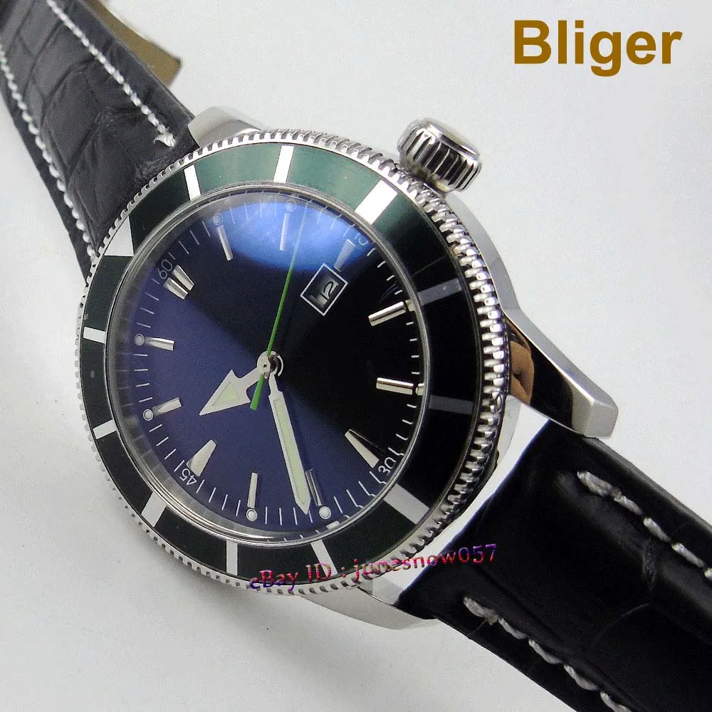 

Bliger 46mm automatic movement men's wristwatch black sterile dial date aluminum green bezel leather strap deployment clasp