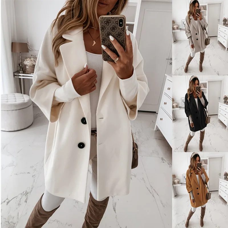 

Женское шерстяное пальто, новое осенне-зимнее шерстяное пальто с рукавом три четверти, пуговицами, отворотами и карманами, женские куртки б...