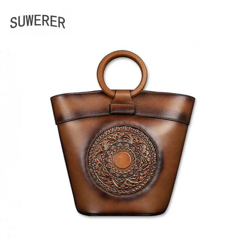 

SUWERER 2020 New Women Genuine Leather bag fashion real cowhide bag women famous brand leather Luxury handbags Embossed bag