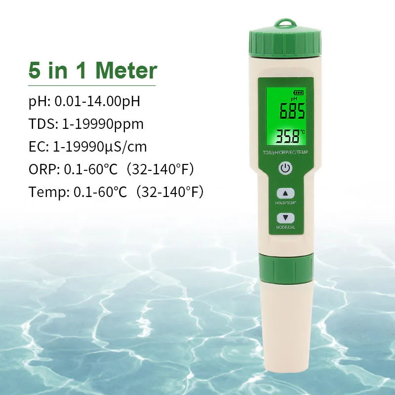 

Измеритель pH/TDS/EC/ORP/температуры 5 в 1, цифровой тестер качества воды для бассейнов, питьевой воды, аквариумов