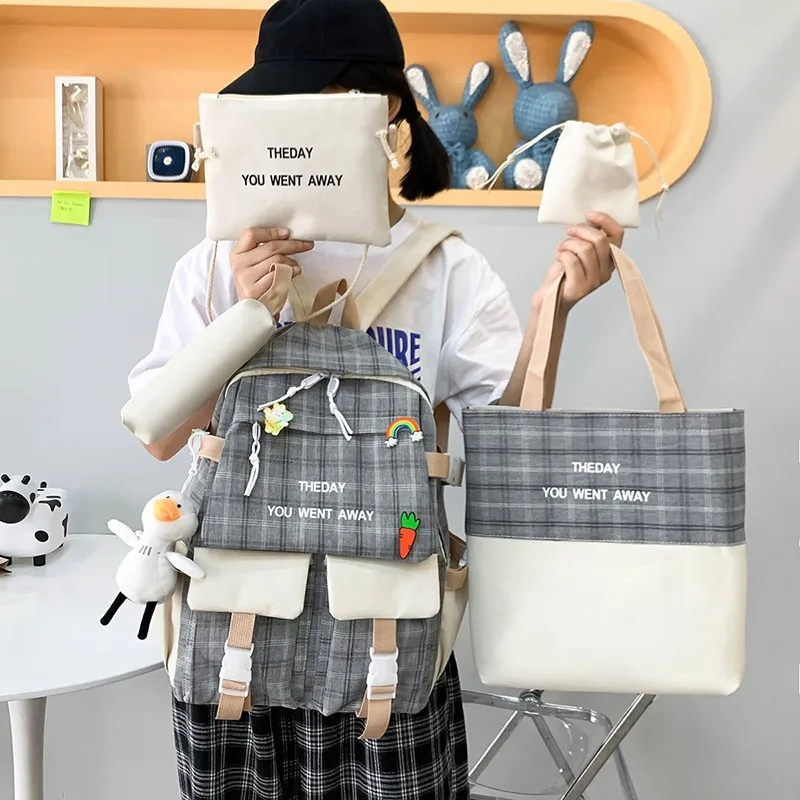 5-piece Fashion Women's Backpack Trendy Canvas Plaid School Bags For Teenage Girls Large Capacity Backpacks With Many Pockets
5-piece Fashion Women's Backpack Trendy Canvas Plaid School Bags For Teenage Girls Large Capacity Backpacks With Many Pockets