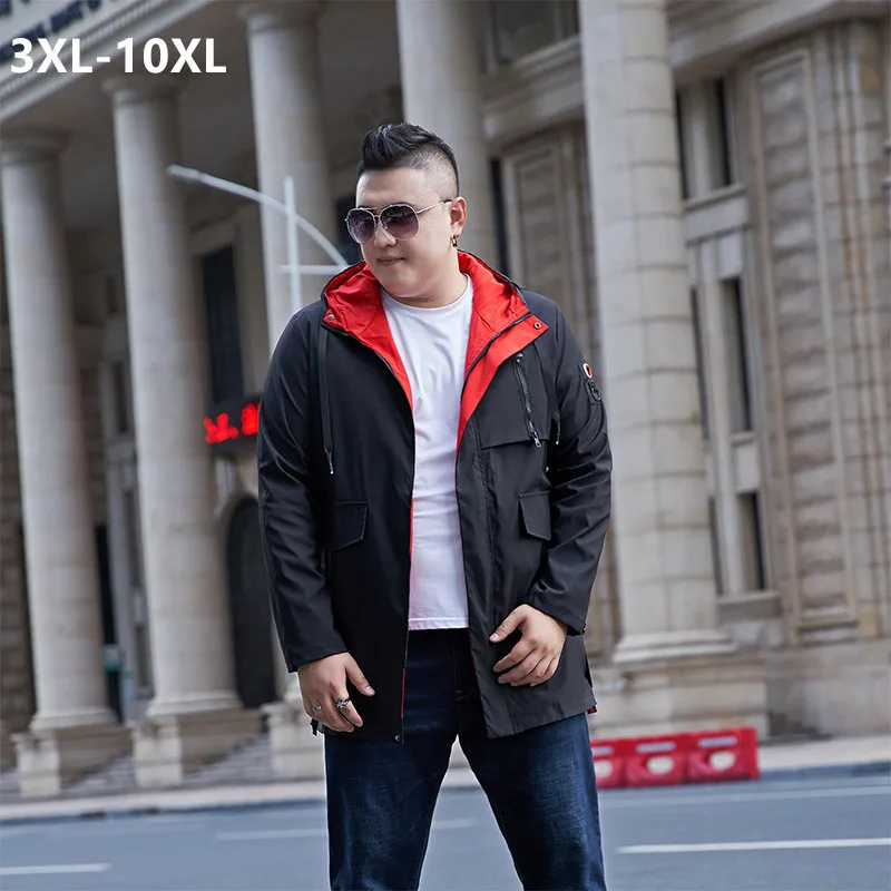 Осенняя мужская куртка с капюшоном Длинная ветровка размера плюс 5XL 6XL 7XL 8XL 9XL 10XL