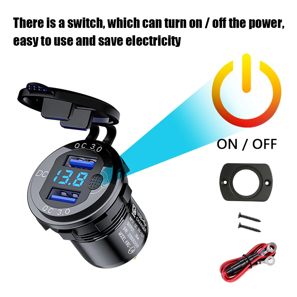 36W Car Charger Socket with Voltmeter Switch Dual USB Quick Charger w/Wires Kits Waterproof for Boat Motorcycle ATV Truck 12-24V
36W Car Charger Socket with Voltmeter Switch Dual USB Quick Charger w/Wires Kits Waterproof for Boat Motorcycle ATV Truck 12-24V