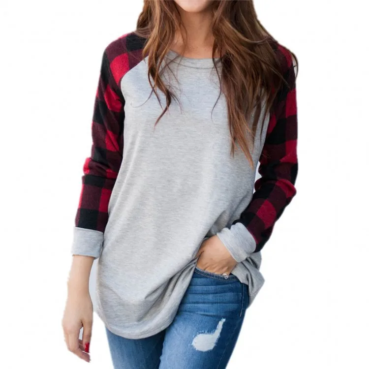 Carney's top women's bottom top Plaid print contrast stitching round neck loose long sleeve T-shirt
Carney's top women's bottom top Plaid print contrast stitching round neck loose long sleeve T-shirt