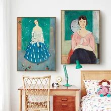 Northern European Niche Literary Retro Blue Skirt Girls Characters Jane Oil Painting Hotel Apartment Decorative Painting Canvas
