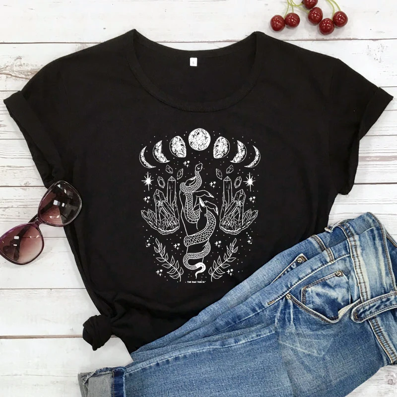 Футболка женская с изображением мистической Луны и змеи модная футболка ведьмой