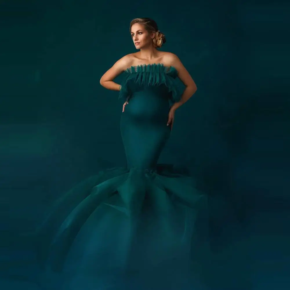 Teal Mermaid Bridal Maternity Dresses Strapless Sexy Ruffled Tulle With Train Custom Made Photography Dress Pregnancy
Teal Mermaid Bridal Maternity Dresses Strapless Sexy Ruffled Tulle With Train Custom Made Photography Dress Pregnancy