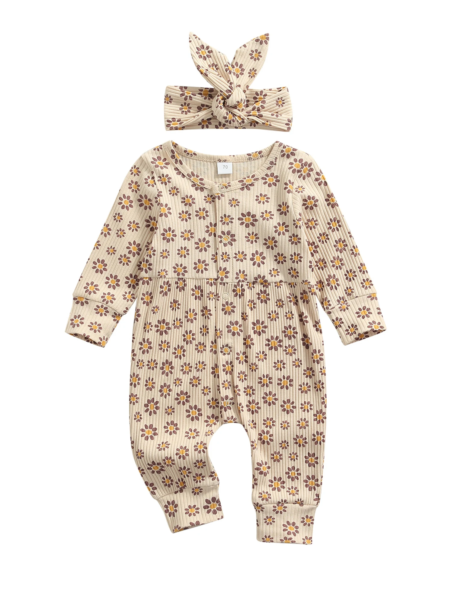 2 Pcs Newborn Casual Outfits, Toddler Flower Print High-quality Skin-friendly Long Sleeve Round Neck Jumpsuit + Bowknot Headband
2 Pcs Newborn Casual Outfits, Toddler Flower Print High-quality Skin-friendly Long Sleeve Round Neck Jumpsuit + Bowknot Headband