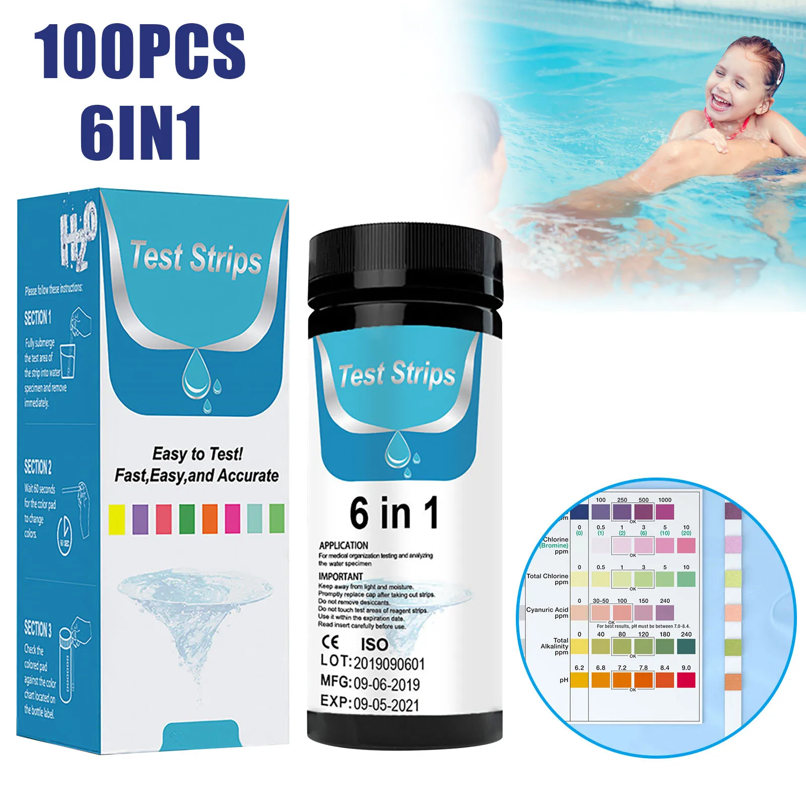 100Pcs Water Quality Test Papers 6-In-1 Swimming Pool Test Paper Residual Chlorine PH Value Alkalinity Hardness Test Strip
100Pcs Water Quality Test Papers 6-In-1 Swimming Pool Test Paper Residual Chlorine PH Value Alkalinity Hardness Test Strip