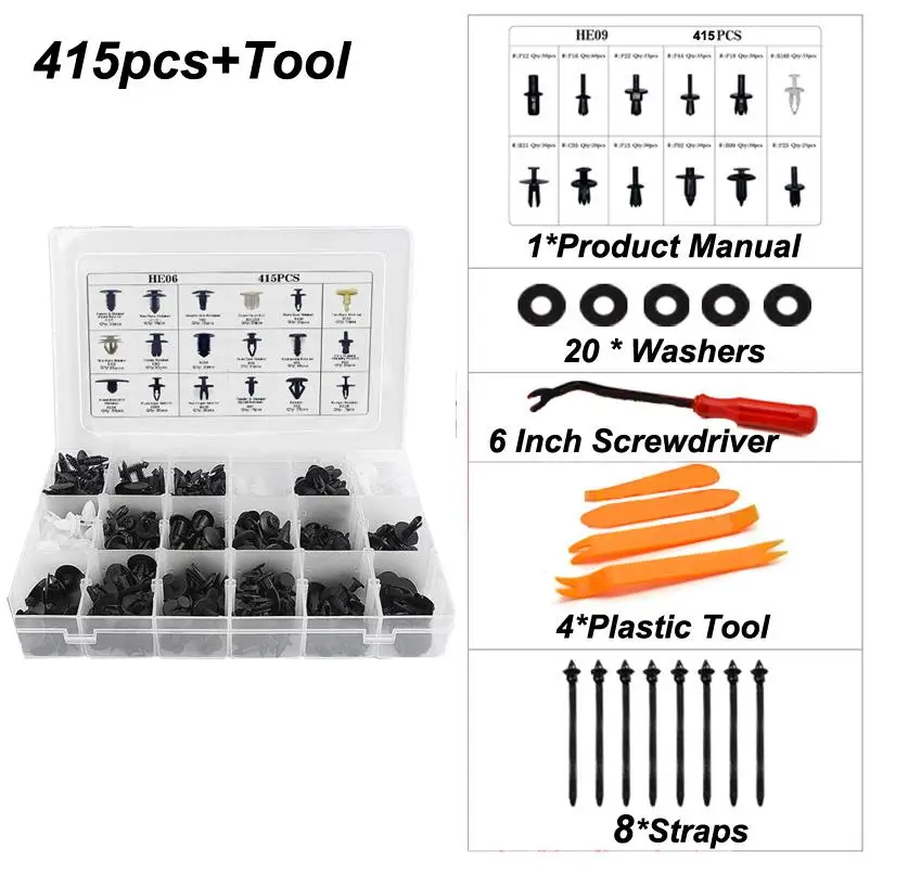 

QSUPOKEY 415Pcs With Tool full Kit Auto Car Plastic Push Pin Rivet Fasteners Moulding Trim Clip Car Repair Assortment Kit