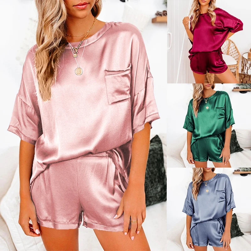 Women'S Solid Color Imitation Silk Pajamas Home Service Short-Sleeved Shorts Irregular 2-Piece Suit
Women'S Solid Color Imitation Silk Pajamas Home Service Short-Sleeved Shorts Irregular 2-Piece Suit