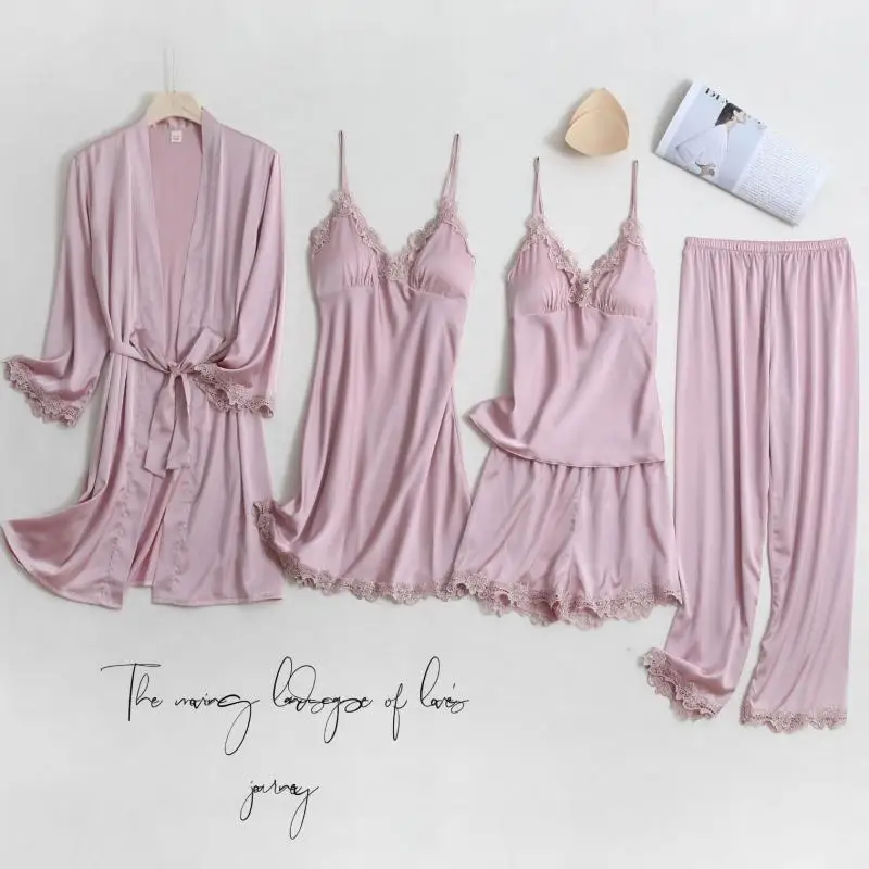 Women Green 5PCS Sleepwear Lce Trim Pajamas Set Spring Summer Sleep Set Femme Kimono Gown Casual Pijamas Suit Home Wear 
Women Green 5PCS Sleepwear Lce Trim Pajamas Set Spring Summer Sleep Set Femme Kimono Gown Casual Pijamas Suit Home Wear