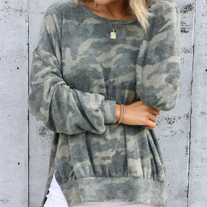 Women Autumn Long Sleeve Round Neck Sweatshirt Camouflage Printed Oversized Tunic Tops Side Slit High Low Hem Loose Pullover Shi
Women Autumn Long Sleeve Round Neck Sweatshirt Camouflage Printed Oversized Tunic Tops Side Slit High Low Hem Loose Pullover Shi