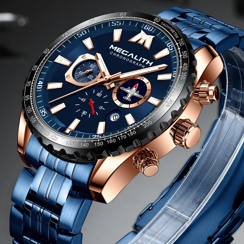MEGALITH Blue Full Steel Watches Men Aircraft Pointer Luminous Quartz Watch Sports 30M Waterproof Military Wrist Watch With Box
MEGALITH Blue Full Steel Watches Men Aircraft Pointer Luminous Quartz Watch Sports 30M Waterproof Military Wrist Watch With Box