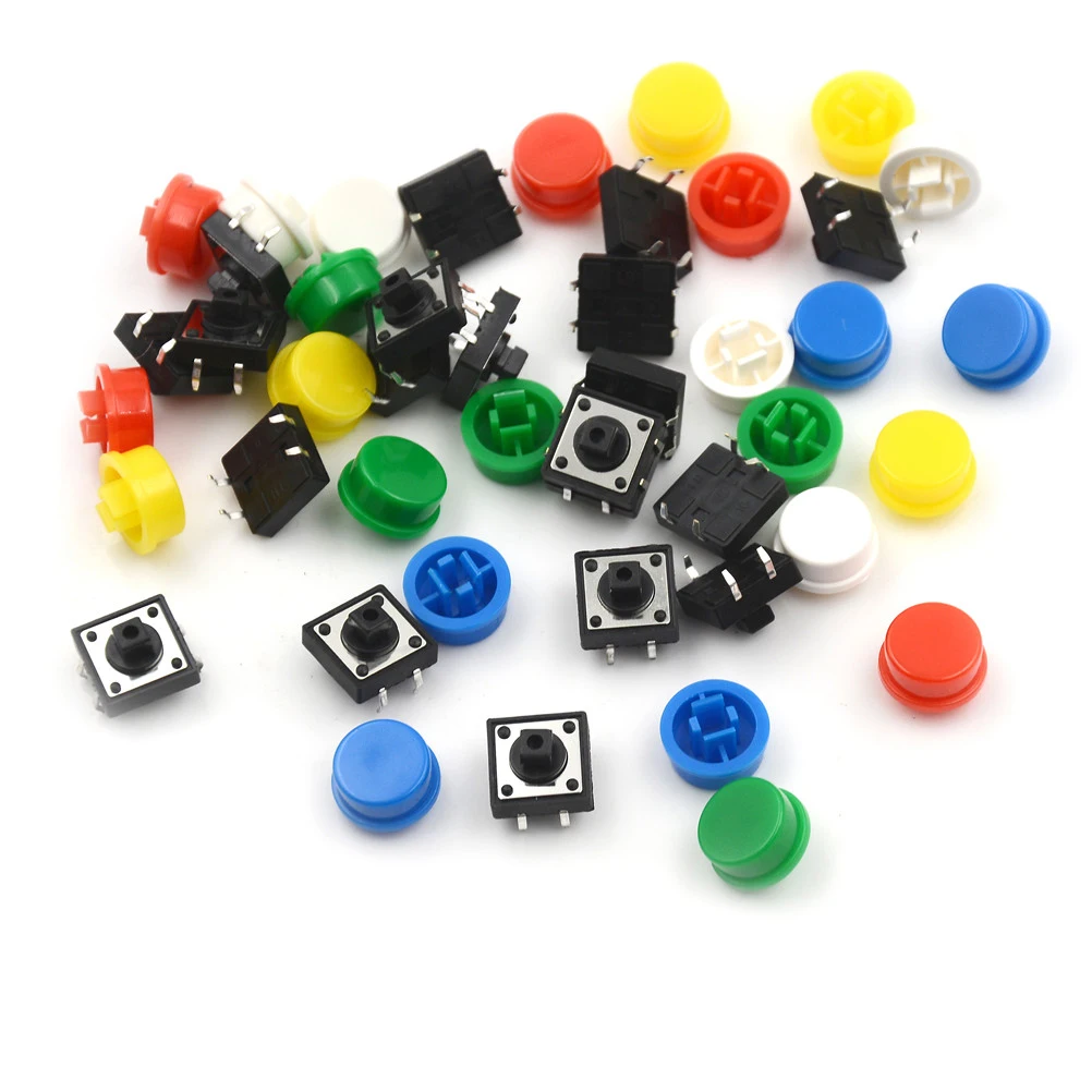20pcs/lot Tactile Push Button Switch Momentary 12*12*7.3MM Micro Switch Button + 5 Colors Tact Cap for DIY Kit
20pcs/lot Tactile Push Button Switch Momentary 12*12*7.3MM Micro Switch Button + 5 Colors Tact Cap for DIY Kit