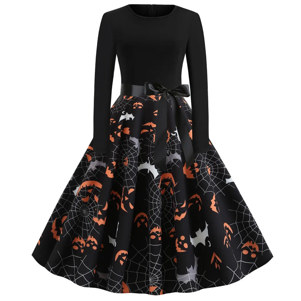 Причудливое платье на Хэллоуин с принтом тыквы качели средней длины длинным